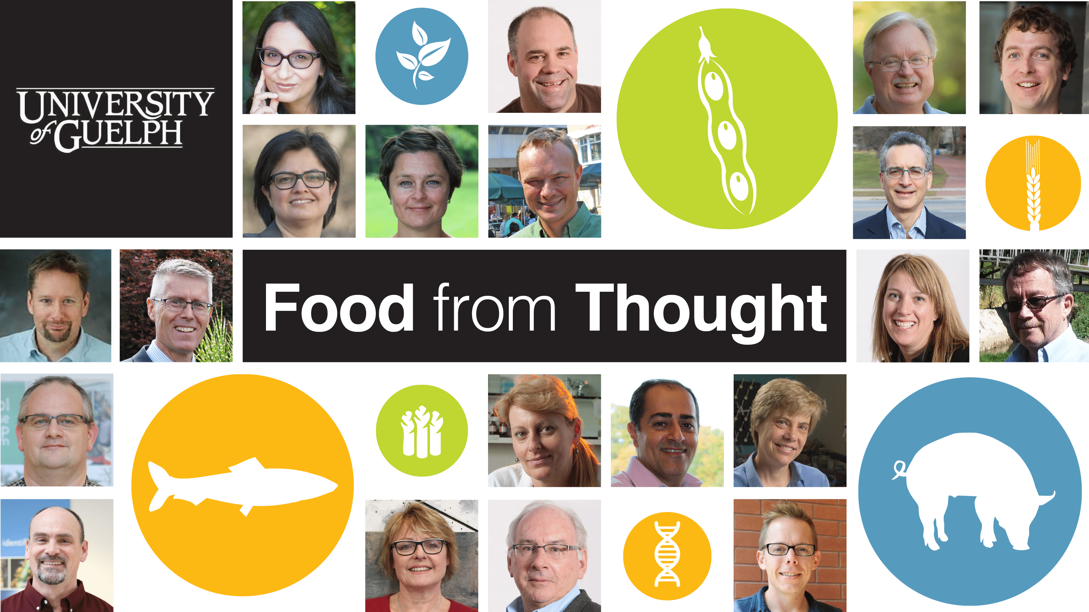 Tiles of men and women's faces, icons of animals and plants, University of Guelph logo and text Food from Thought