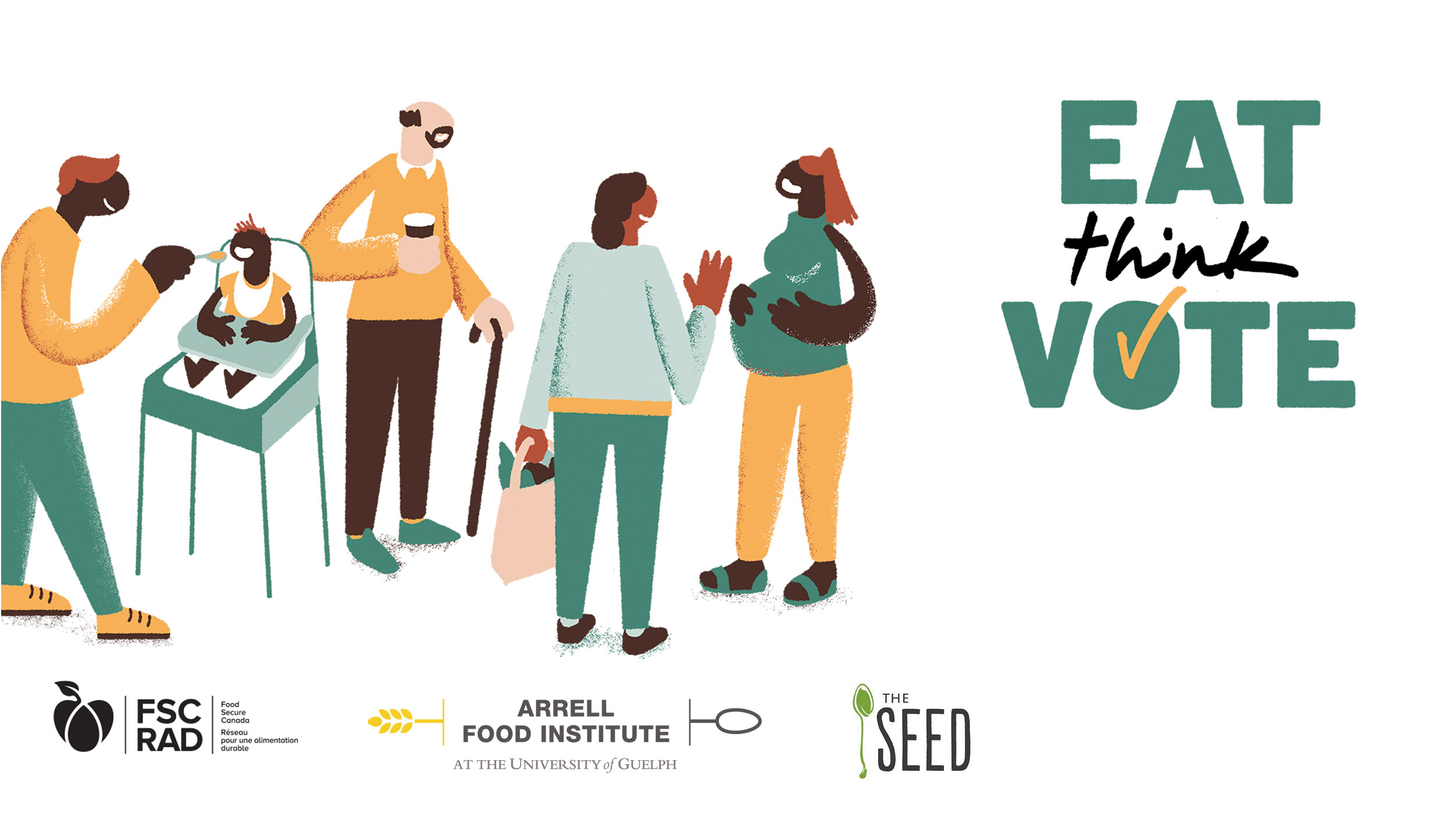 Illustration of people talking and holding their food or shopping. Logos for involved groups on the bottom.